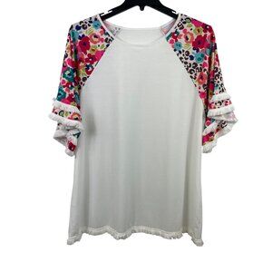 Cellabie White Multicolor Floral Fringe Half Sleeve Jersey Top Womens Size 3XL